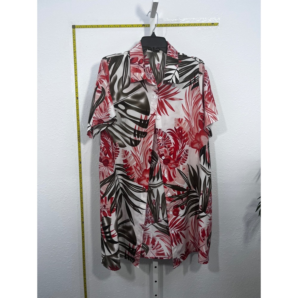 SHEIN Tropical Leaf Print Button Up Shirt XL Red Pink Short Sleeve Vacation Top